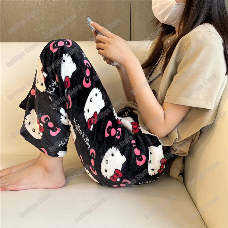 2023 Sanrio Hello Kitty Pajamas Halloween Flannel Fashion Trouserswomen Kawaii Woolen Anime Cartoon Casual Home Pants Autumn