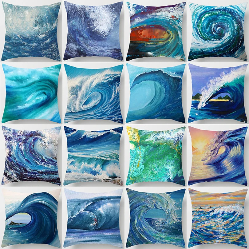 

Blue Wave Painting Pillowcase Home Office Single Side Printing Cushion Cover Sofa Decoration
