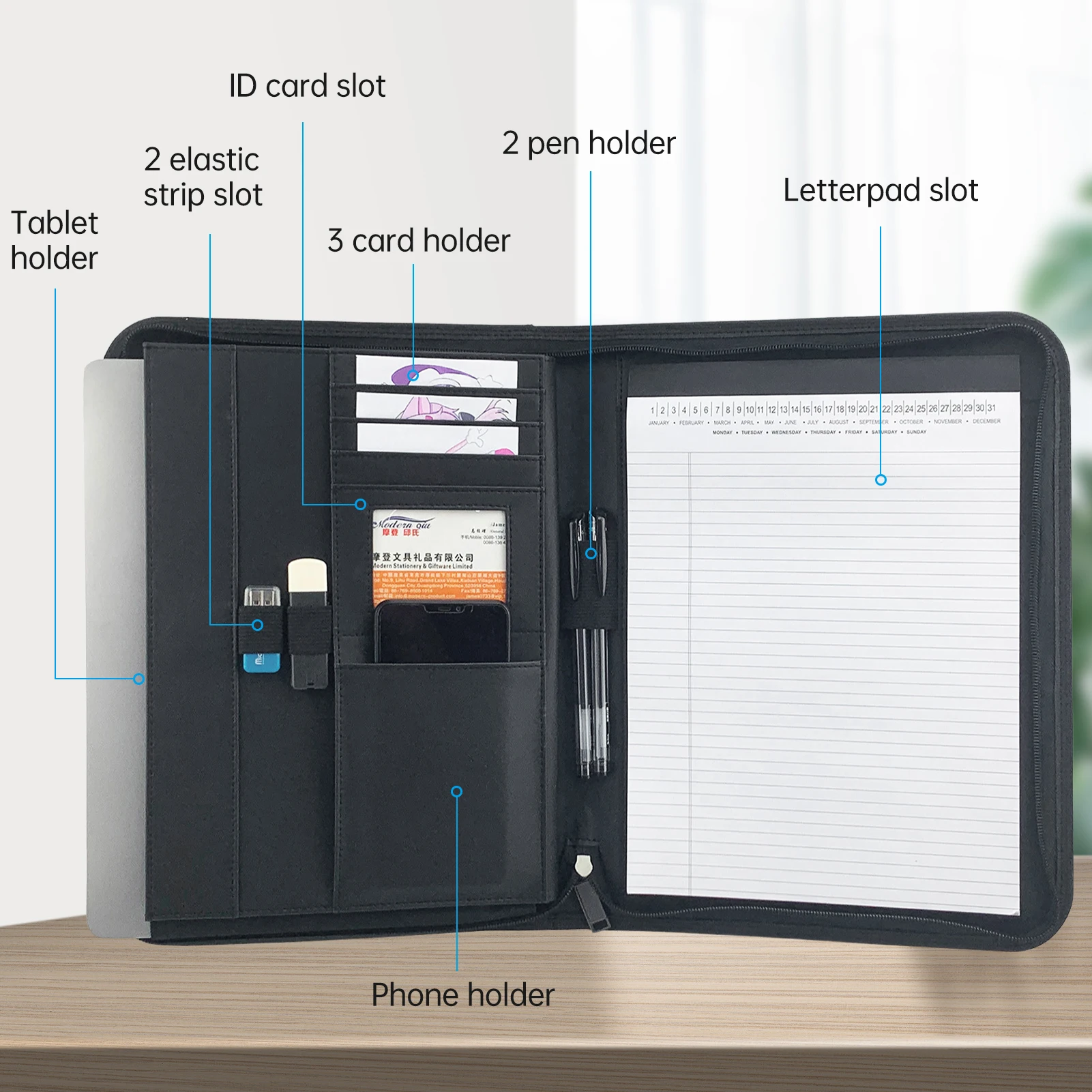 Bisofice Zippered Business Padfolio A4 PU Leather Portfolio Organizer for Interview Resume Document PlannerTablet Sleeve Holder