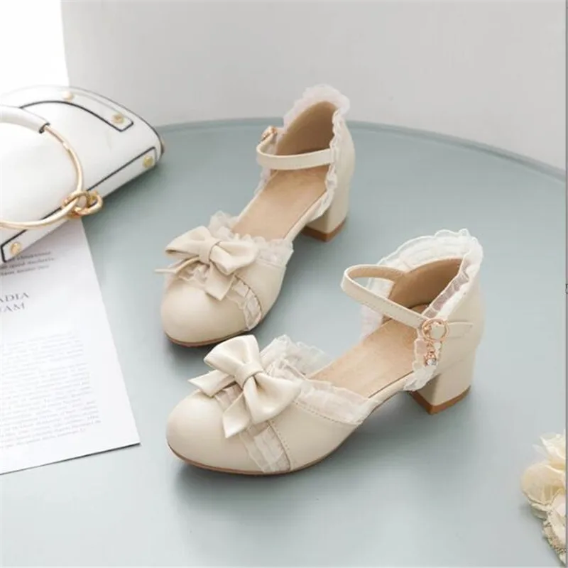 Children Sandals Girls High Heel Shoes Lolita Women Pumps Fashion Bowknot Ruffles Wedding Party Princess Shoes Pink Size 28-43