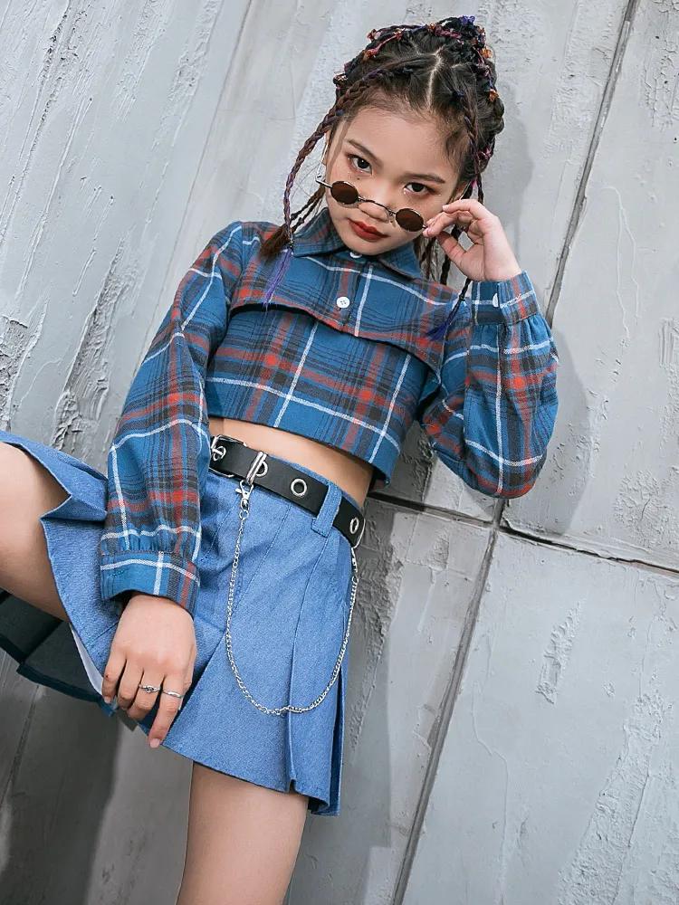 

ZZL Y2K Dress for Girls Urban Dance Kids Clothes Plaid Shirt Jean Skirt K-pop Stage Outfits Cool Clothes for Children Catwalk