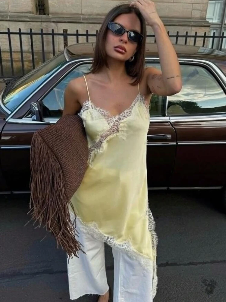 Satin Sexy Lace Spliced Short Sling Dress Women Sleeveless Backless Asymmetric Sexy Party Dresses 2025 Summer Lady Dress ﻿