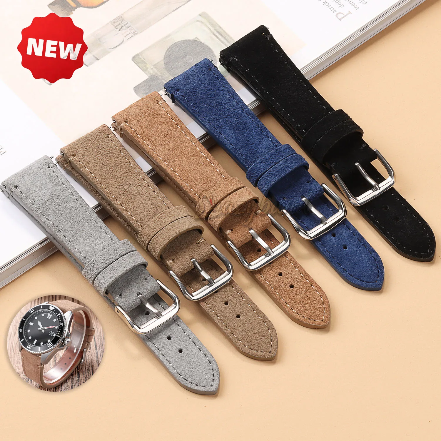 Premium Suede Leather Watch Strap - Brown, Black, Blue