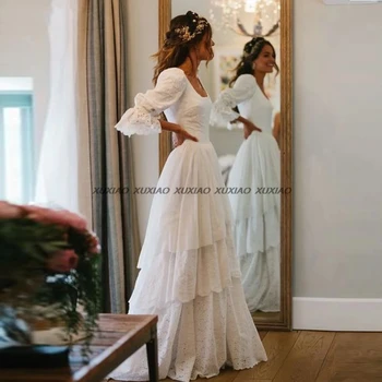 Rustic Boho Wedding Dress Vintage Bohemian Lace A-Line Bride Gowns Lantern Sleeves Tiered Princess Wedding Gowns Country Wedding