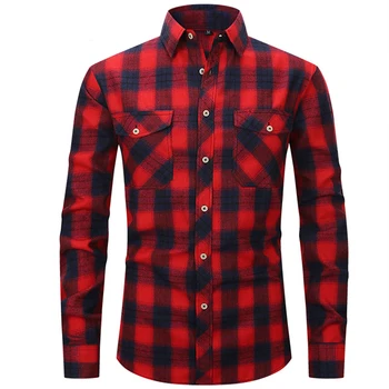 Eurocode 2023 New Social Autumn/Winter Red Brushed Plaid Cotton Long Sleeve Men's Shirt Business Casual Fashion No Iron