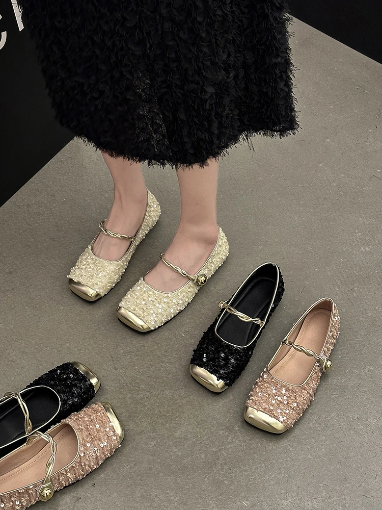 

Sequin Shallow Cut Mary Jane Flat Shoes Women's Shoes 2024 New Spring and Autumn Patchwork Leather Shoes