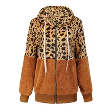 2021 New Women's Leopard Stitching Winter Coat Thickened Fluffy Sweater Hooded Jacket   Coats and Jackets Women   Woman Jacket