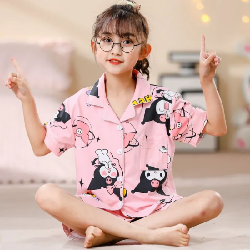 

Sanrio Anime Kids Girls Cinnamoroll Kuromi Pajamas Kawaii My Melody Summer Thin Short-sleeved Cardigan Sleep Shirt Homewear Gift