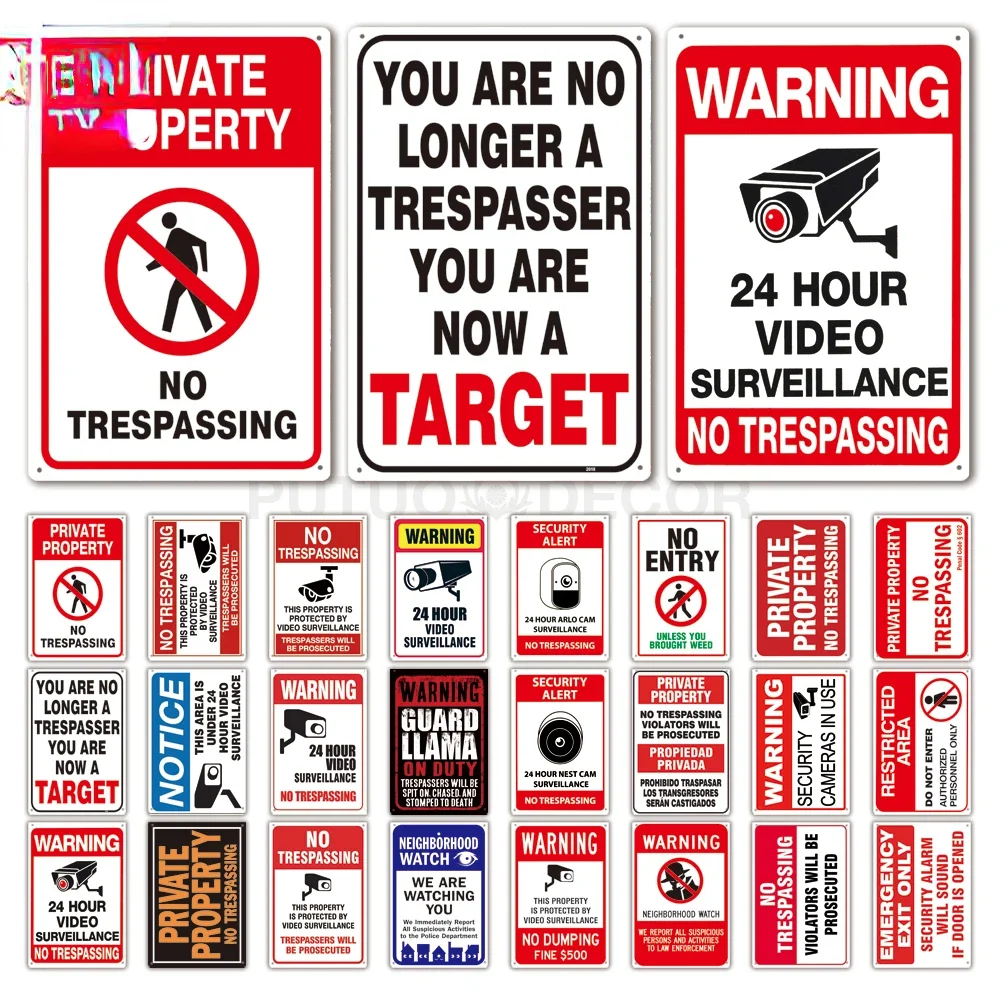 No Trespassing Tin Signs Video Surveillance Warning Plaque Metal Wall Art Poster Yard Iron Painting Stickers Home Decor