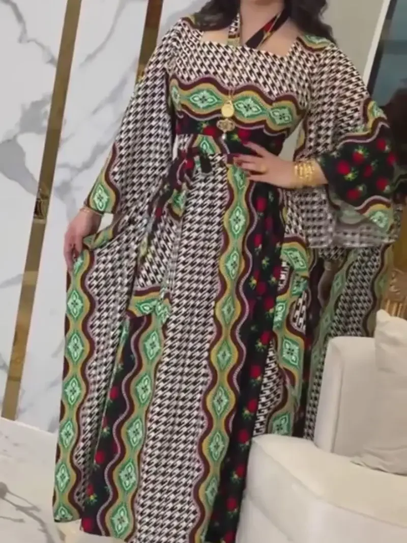 Muslim Middle East Printed Kraftan Robes Vintage Flare Sleeves Halter Elegant Women Dubai Abaya Party Dresses