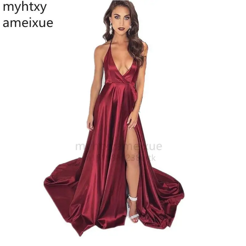 

Sexy V-neck Spaghetti Straps Floor Length A-line Side Slit Satin Red Evening Dresses Floor-Length Simple Style Women Prom Gowns