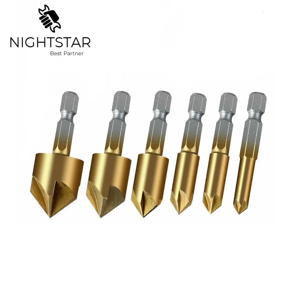 6pcs 5 Flute Countersink Drill Bit Set 90 Degree Counter Sink Chamfer Cutter 1/4'' 6mm 8mm 9mm 12mm 16mm 19mm