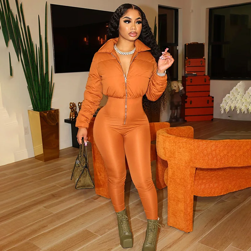2023 Autumn Winter Jumpsuits Women Basic Long Sleeve turtleneck Zipper Thick Warm One-piece Rompers Down Patchwork Outfits