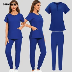 Royal blue Medical Uniform Women Breathable Nursing Scrubs Tops Shirt Casual Short Sleeve Uniforms Nurse Pants Surgical Clothes