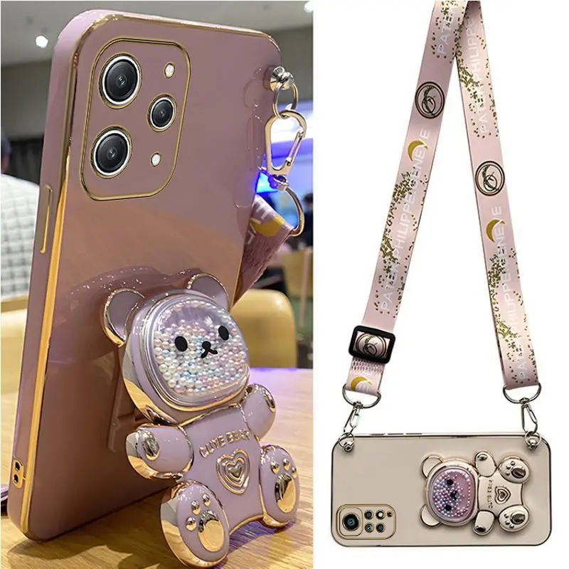 Phone Case With Lanyard And Bear Stand For Xiaomi Redmi Note 12_voghion.com