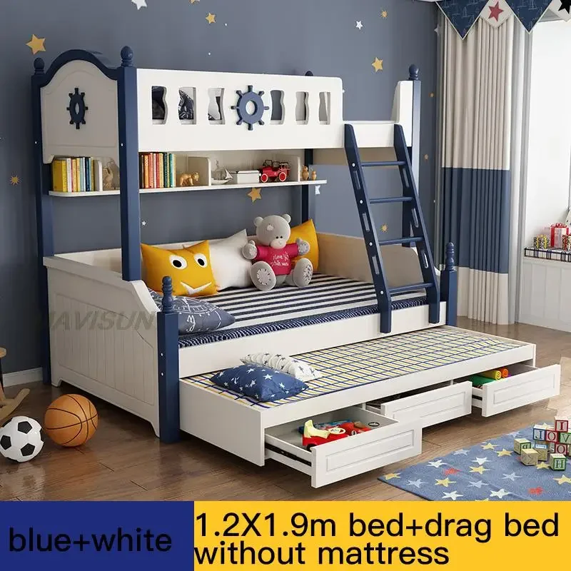 

bed Blue Bunk With Slide Nordic Style Modern Small Apartment Home Furniture Children Two-Layer With Drawers Suitable