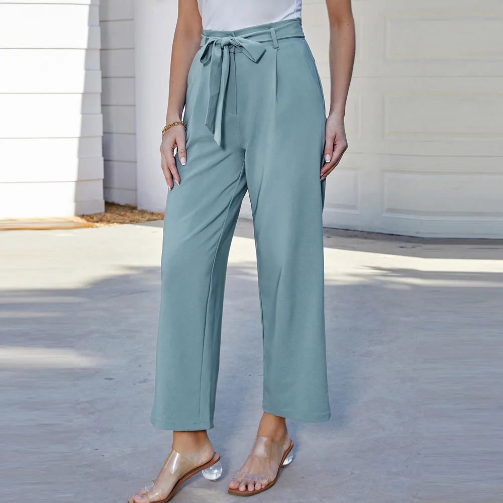 GK Women Straight Leg Pants With Belt Loose Fit Elastic High Waist Trousers Solid Causal Fashion Office Lady Ankle-length Pants