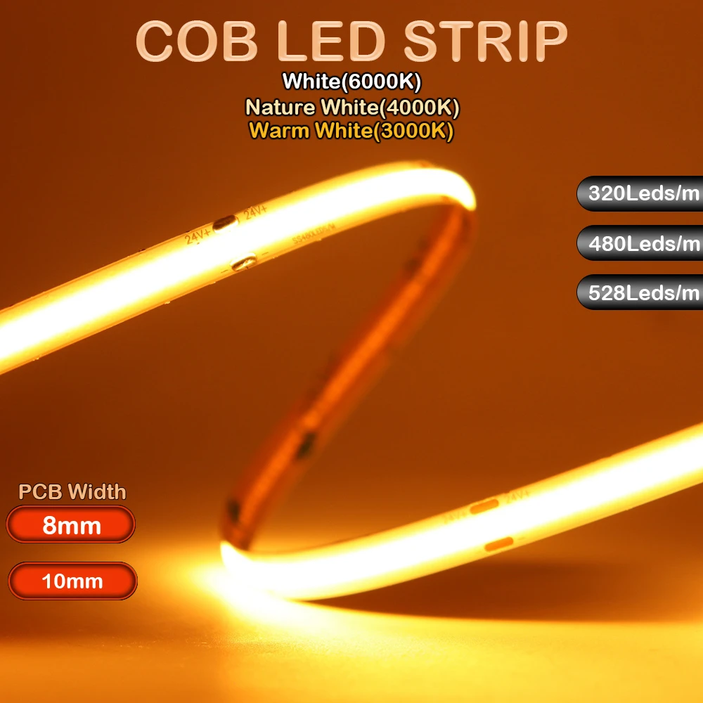 COB LED Strip Lights 320 480 528LEDs/m High Density Flexible Tape Ribbon 30006000K Red Green