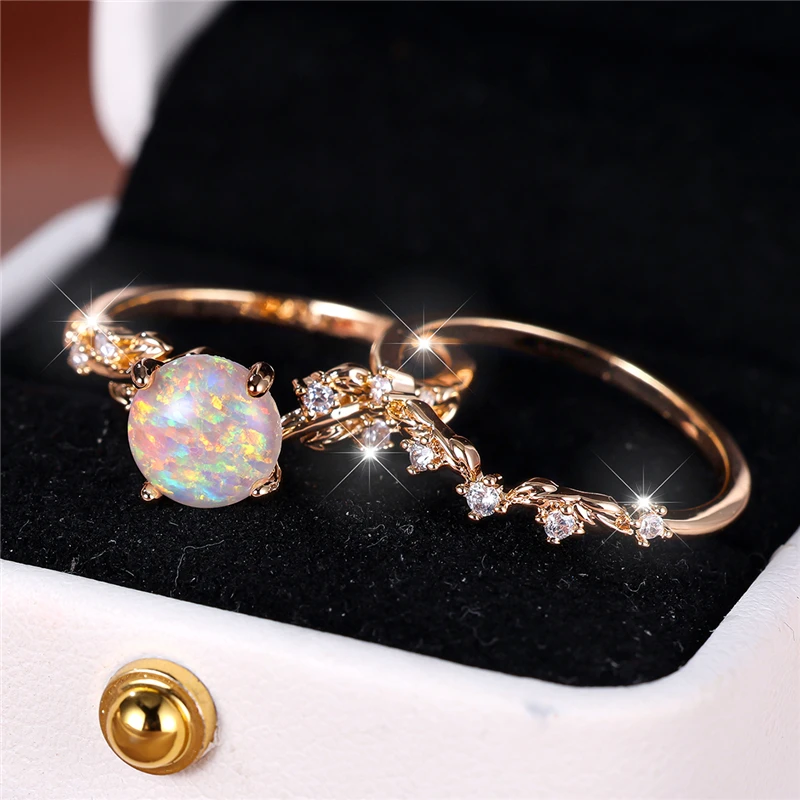 Cute Female White Fire Opal Round Leaf Engagement Ring Set Cute Silver Color Wedding Jewelry For Women