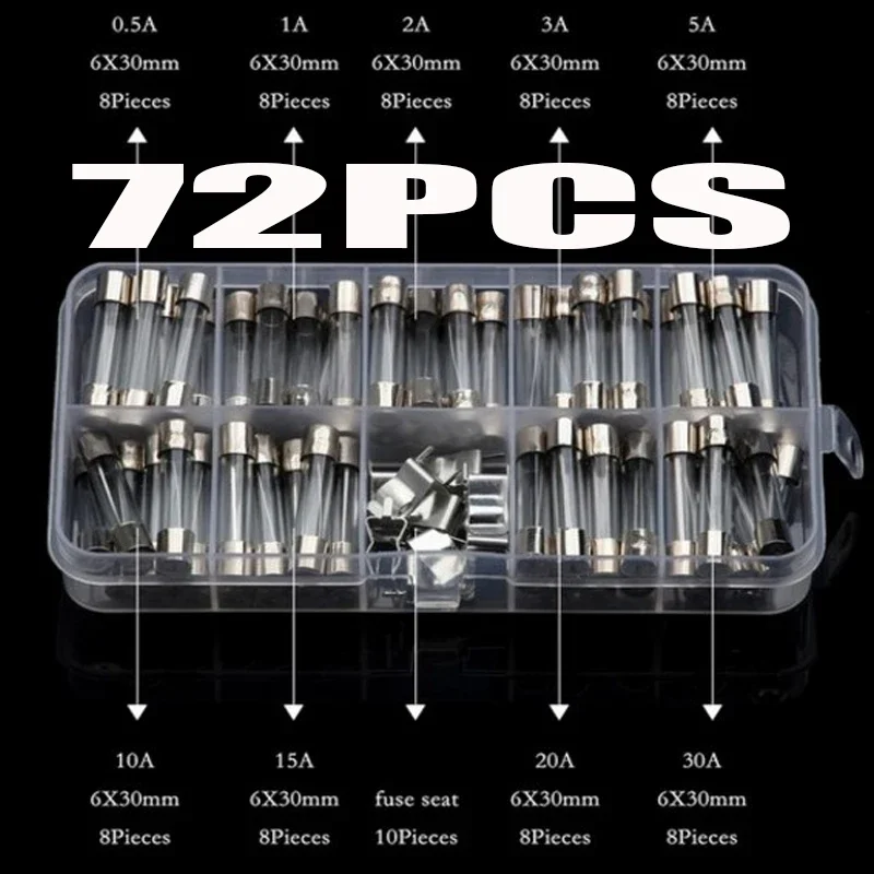 10Kinds 72pcs 5*20 Fast-blow Glass Tube Fuses Car Glass Tube Fuses Assorted Kit 5X20 with Box fusiveis 0.5A-30A Household Fuses