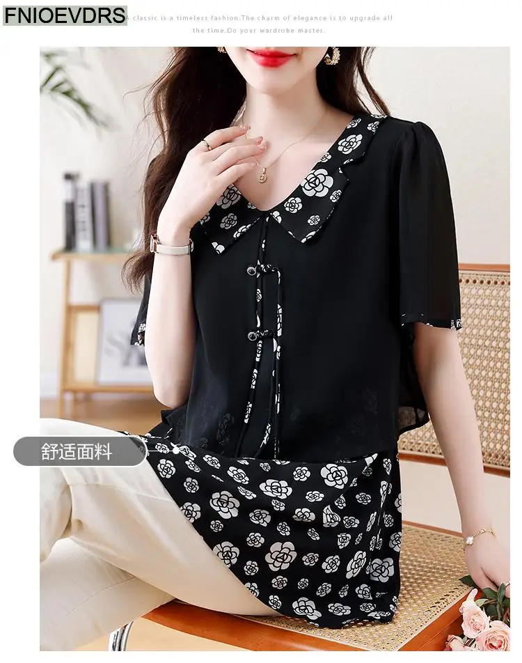 L-5XL Loose Clothes 2024 Women Summer Short Sleeve Elegant Ruffles Shirts Casual Retro Floral Tunic Peplum Tops And Blouses