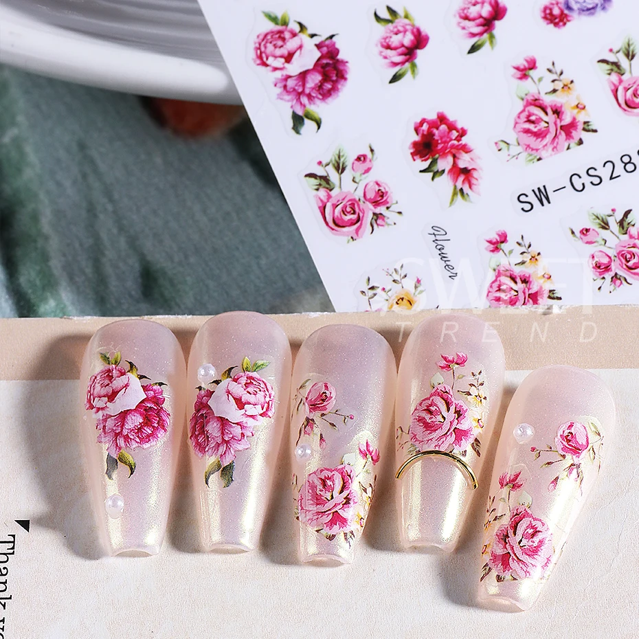 2pcs Valentine's Nail Stickers Red Rose Flower Peony Floral Leaves Adhesive Sliders DIY Elegant Manicure Decoration Decals Tools