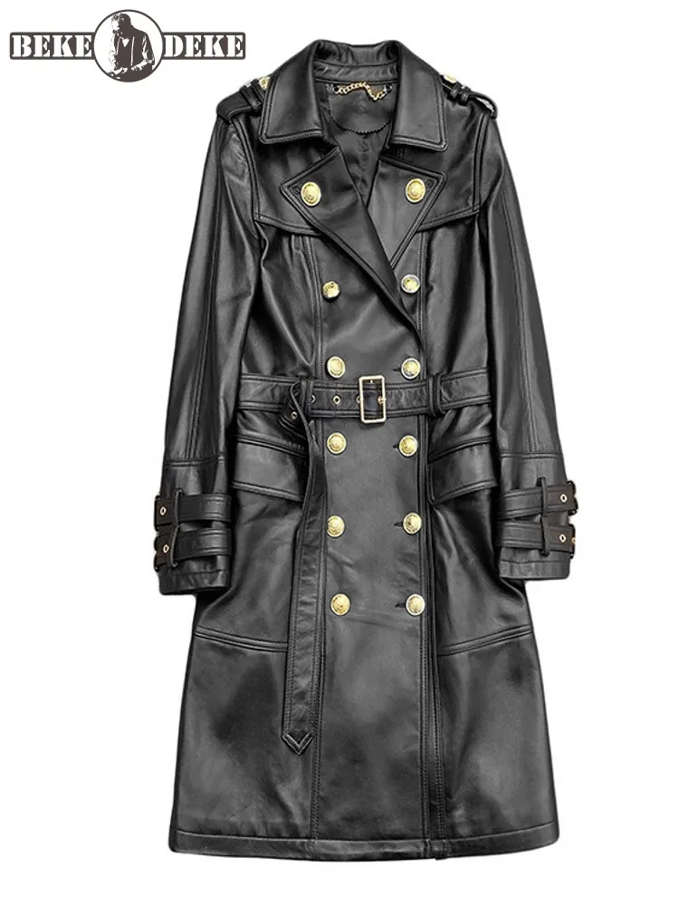 Spring Women Double Breasted Belted Long Sheepskin Trench Coat Fashion Genuine Leather Jacket Military Style Moto Windbreaker