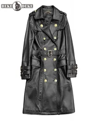 Spring Women Double Breasted Belted Long Sheepskin Trench Coat Fashion Genuine Leather Jacket Military Style Moto Windbreaker