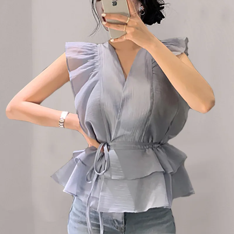 

French light-cooked wind Royal Sister Chiffon Shirt Women's 2024 summer new design sense niche lace-up waist slim top