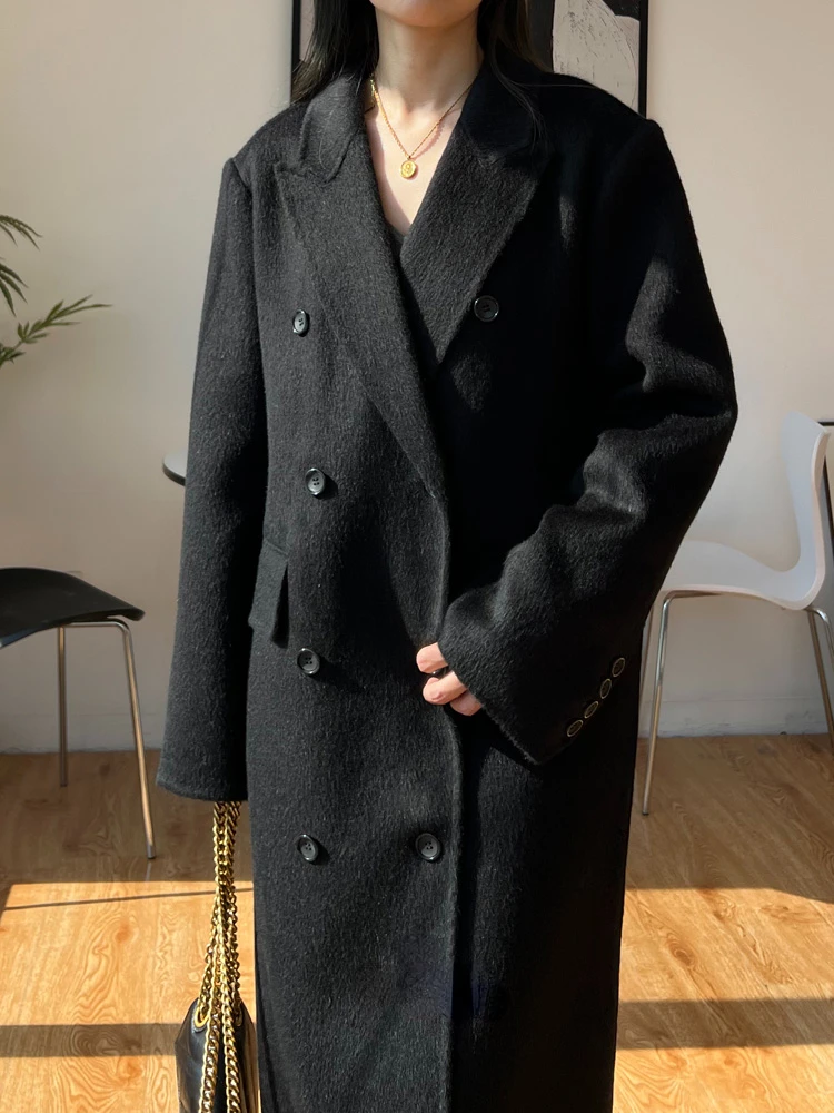 Autumn Winter High-end Double-sided Wool Cashmere Coat Korean Version Women Loose Double Breasted Medium Long Woolen Coat Female