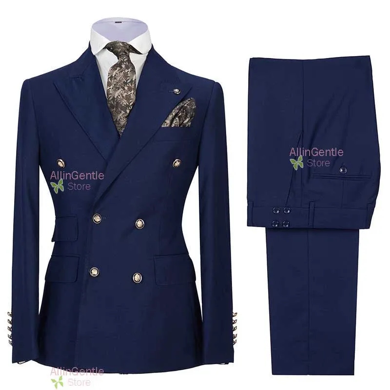 

2-Piece Navy Blue Suits for Men Double Breasted Jacket with Trousers Business Formal Pantsuits Classic Style Coat and Pants