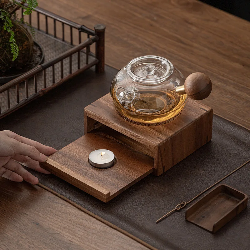 New Drawer Style Walnut Warm Tea Table Heating Tea Warmer Base Candle Tea Stove