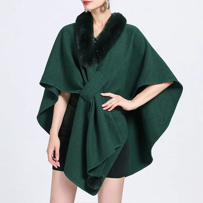 Ladies Fashion Cape Coat Faux Fur Collar Warm Autumn Winter Mid Length Knitted Cardigan Poncho Jacket Outwear Party Boho Shawl