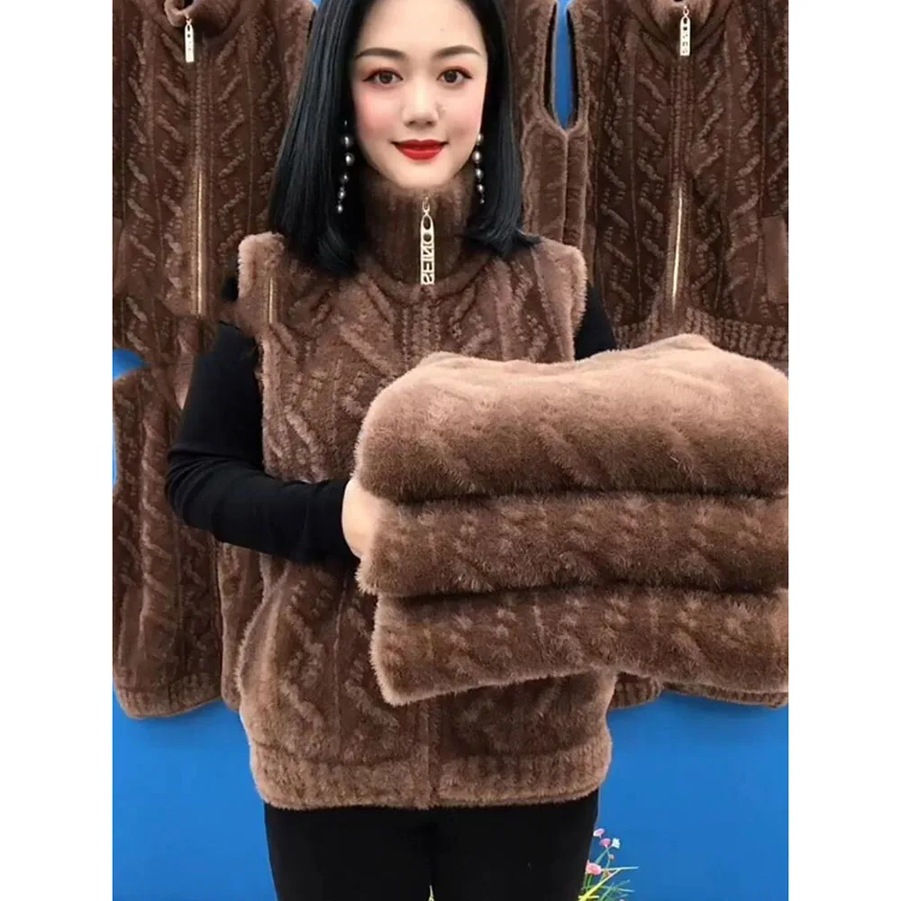 우아한 어머니 겨울 옷, 밍크 벨벳 코트, 중년 여성 니트 조끼, 두꺼운 민소매 재킷, 가디건 스웨터, 가을