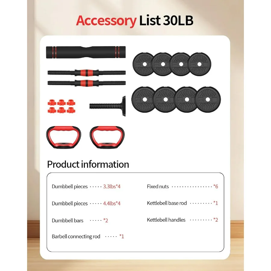 Adjustable Dumbbells,30lbs Free Weight Set with Connector, 4 in1 Dumbbells Set Used as Barbell/Kettlebells/Push up Stand, Fitnes