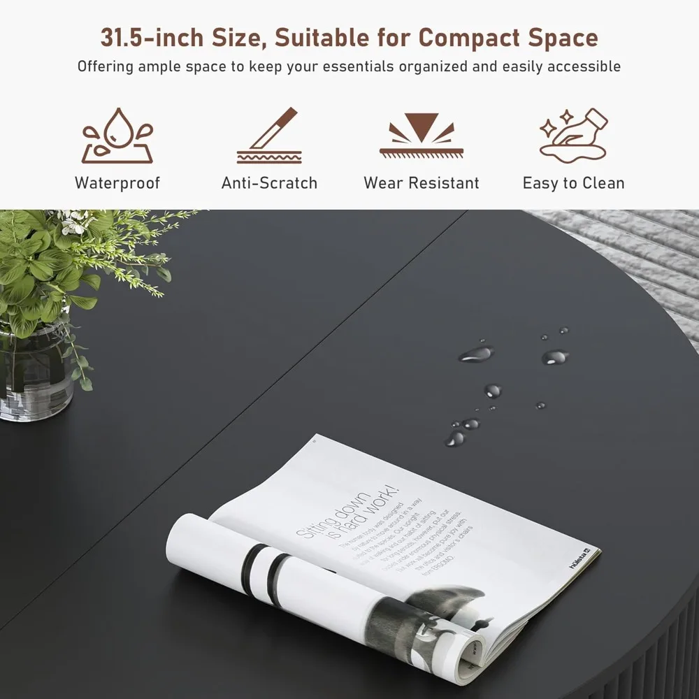 31.5" Round Coffee Table, Modern Fluted Accent with Metal Frame for Living Room or Office