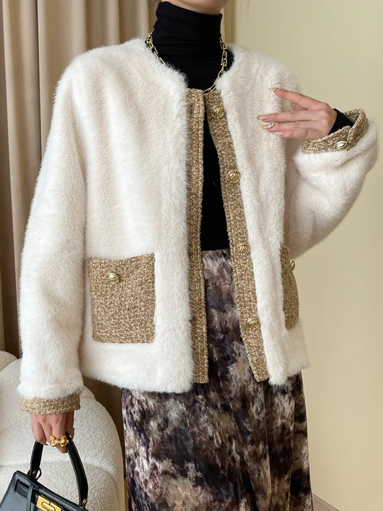 

Однобортное твидовое пальто контрастных цветов с круглым вырезом, куртка из искусственного меха норки и бархата, женская одежда, осень-зима X801