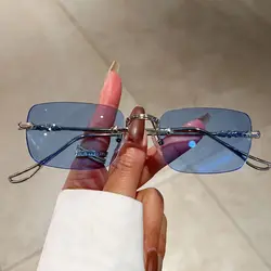 Sleek Unisex Rimless Metal Sunglasses with UV400 Ocean Lenses (Silver - Blue)