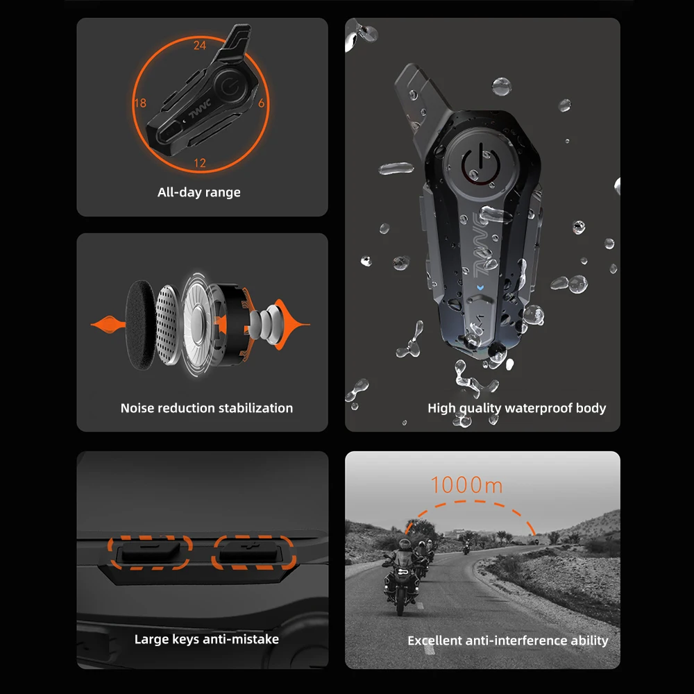 1/2 x 1 Bluetooth-Motorradhelm-Intercom-Headset für 2 Fahrer, 1000 m Reichweite, kabellos_voghion.com