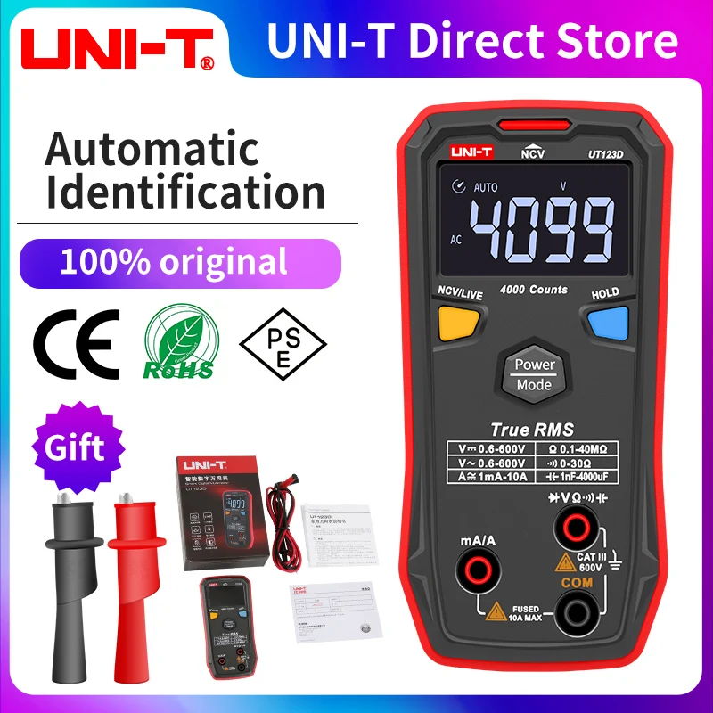 Uni-T Ut123 Mini Multimetro Digitale; Misuratore Di Tensione Ac Dc; Tester Di Temperatura Di Resistenza (Ohm);