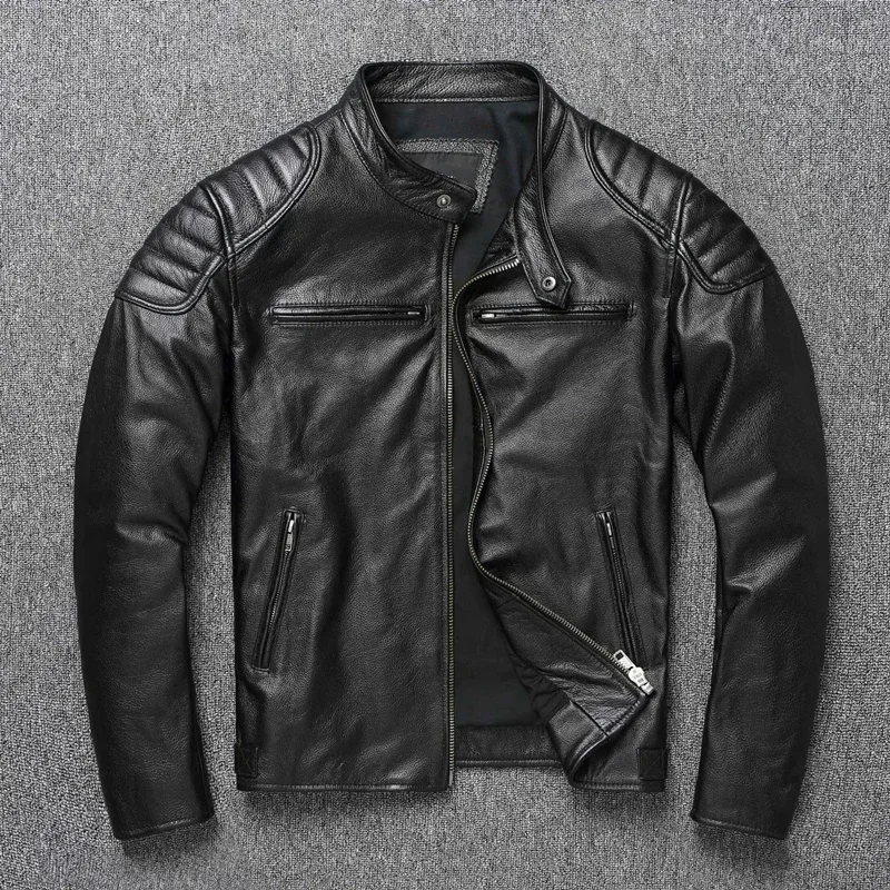 Vintage Real Cowhide Leather Jacket for Men Motorcycle