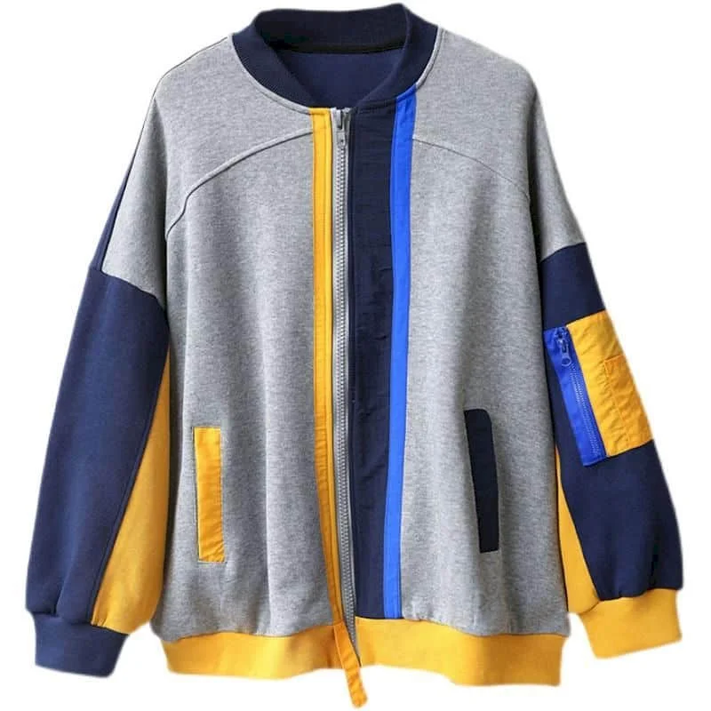 thumbnail image 1 of Chaquetas para mujer, ropa de moda coreana, chaquetas de béisbol holgadas de gran tamaño, cárdigan de retazos, abrigos de manga larga con cremallera, blusas para mujer, 1 of 5