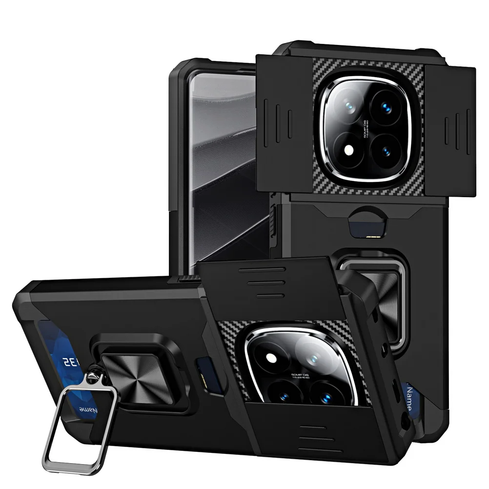 Card Slot Finger Ring Camera Protect Case with Armor Hybrid Bracket Holder Cover