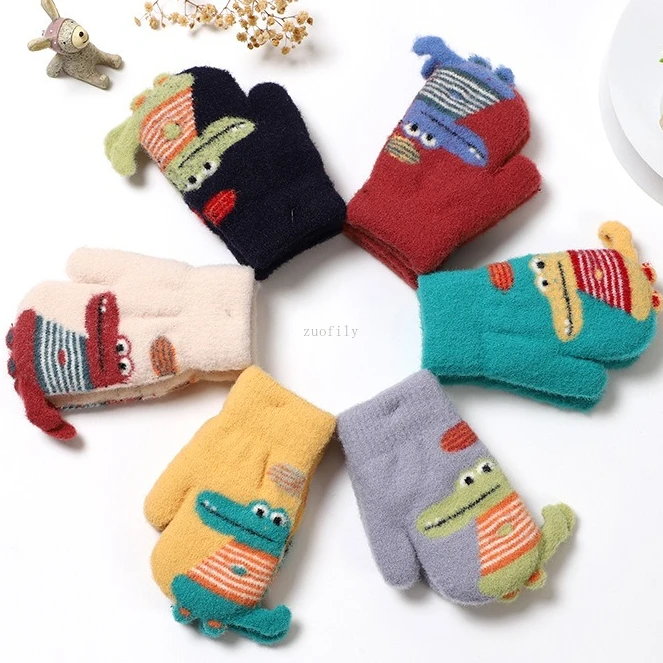 Cute Cartoon Crocodile Baby Gloves Winter Knitted Wool Infants Mittens Thicke Warm Full Rope Gloves for Boys Girls Toddlers 2-5Y