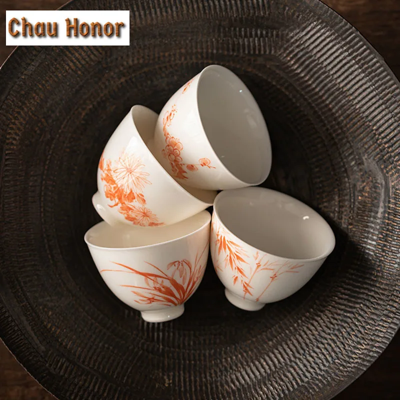 2PC/Set Hand Painted Orchid Flower Art TeaCups White Jade Porcelain Mugs  Kung Fu Tea Master Cups Sopera Gentleman Personal Cups