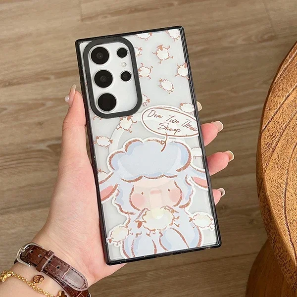Cartoon Lamb MagSafe Acrylic Black Border Case for Samsung Galaxy S22 S23 S24 Ultra Protective Shell
