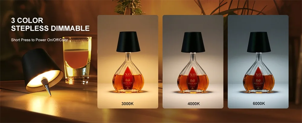 Description Picture 3 of itemLED Wine Bottle Lamp Portable Table Lamp Cordless Night Light 3 Color Dimmable Desk Lamp for Restaurant Bar Party Bedroom