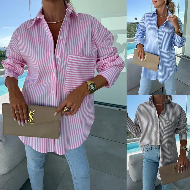 2025 New Women's Shirt Long Sleeve Striped Pocket Button Blue Casual Loose Top Street Office Pink Blouses 1