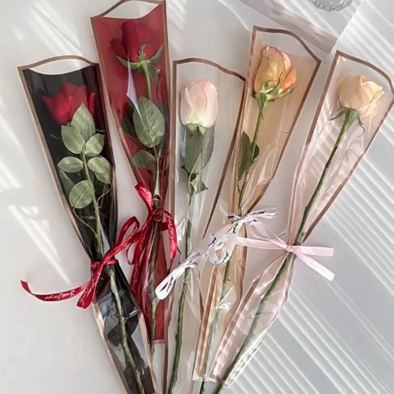 50 Piece Single Rose Sleeves Flower Wrapping Bag Bouquet Packaging Bags Floral Wrappers Plastic For Valentine's Day