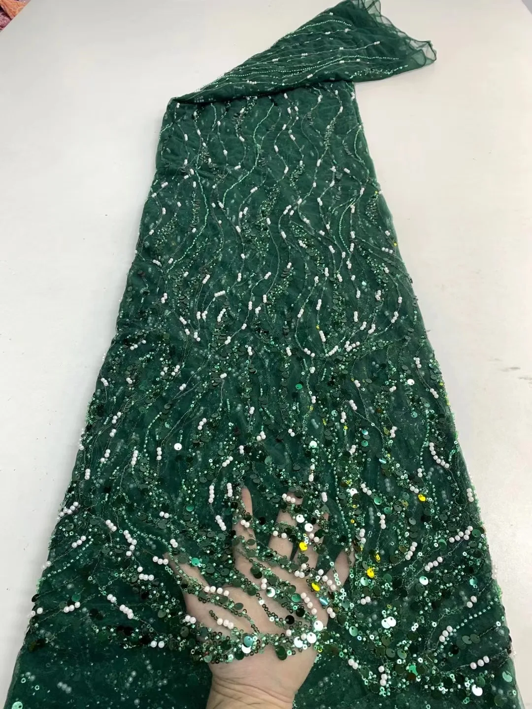 Latest Luxury Sequins Tulle Lace African Handmade Beaded Lace French 2022 High Quality Fabric Nigeria Bride Wedding Dress Sew 